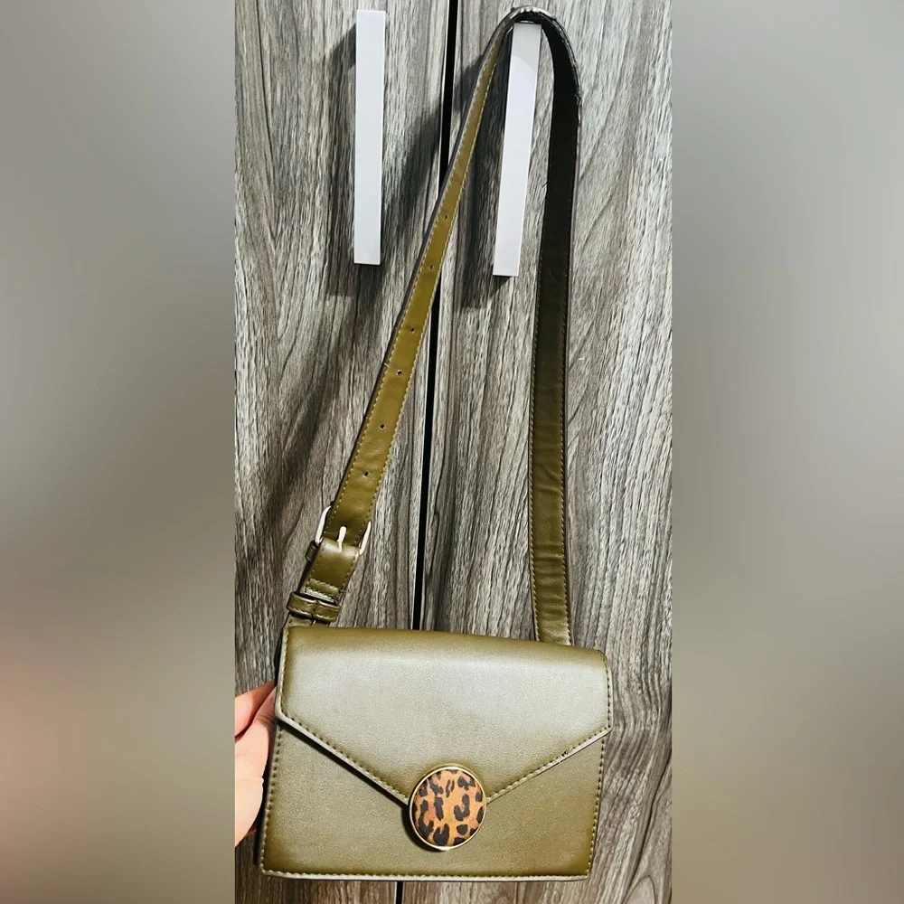 Vintage Bershka Shoulder Bag – Olive Green with Leopard Print Accent